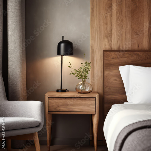 Interior design with Scandinavian style. Bed, nightstand, bedside table, chair, wooden furniture in bedroom.