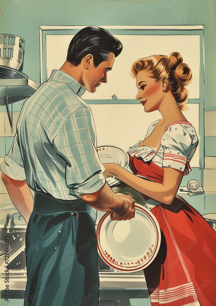 Minimalistic advertising retro postcard of husband and wife spending ...