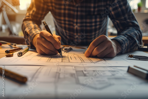 architect drawing blueprints for his upcoming project on tabletop photo