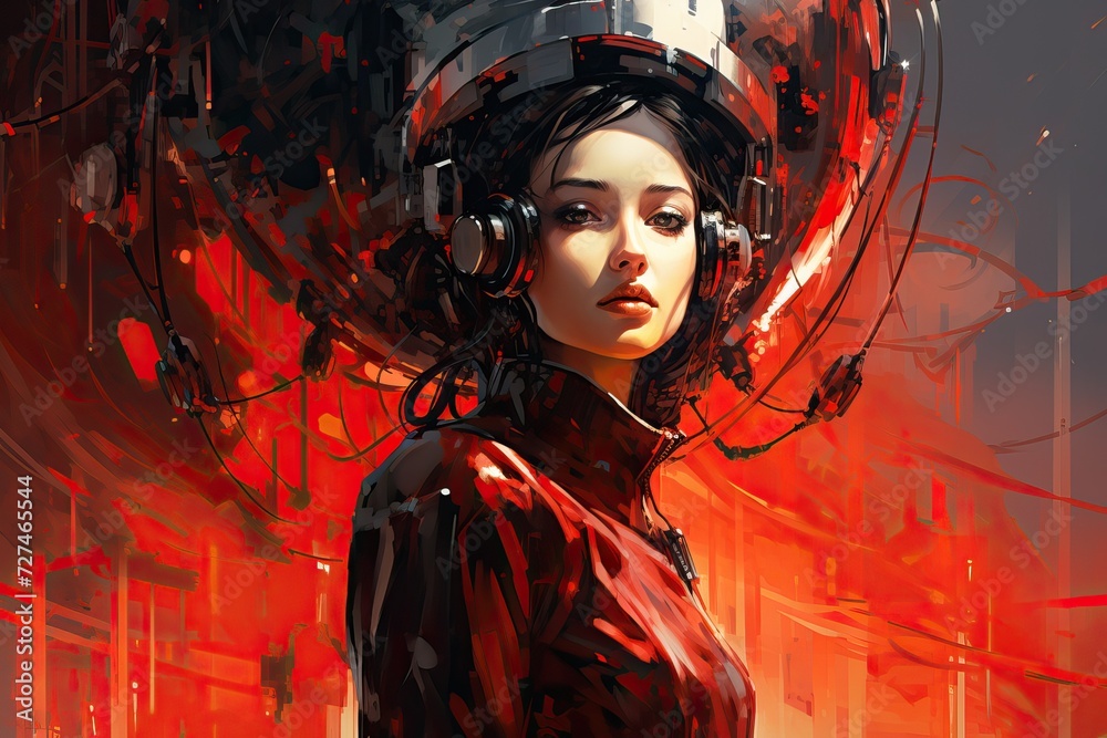 beautiful white-haired woman from future. Black and red background beautiful white-haired woman from future. Black and red background