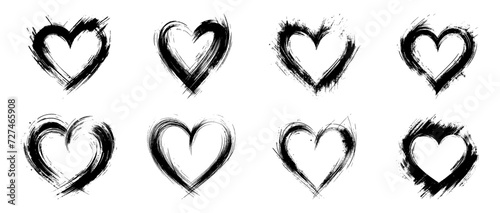 various hearts shaped grunge brush stroke set hand drawn vector element for creative graphic mixed media design with grungy splashes graffiti blots black ink texture frame isolated on transparent back