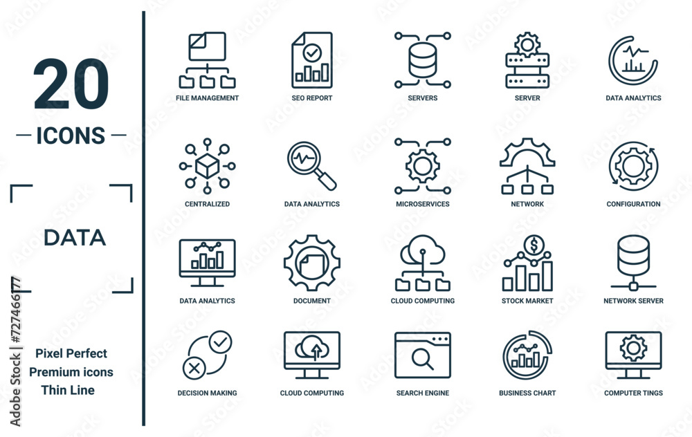 data linear icon set. includes thin line file management, centralized ...