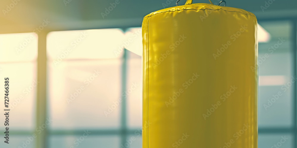 Yellow Punching Bag on simple Background with copy space. Boxing punching bag hanging in an empty space, banner template for sporting goods store. Yellow Punching Bag on simple Background with copy space. Boxing punching bag hanging in an empty space, banner template for sporting goods store.