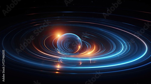 a blue abstract spiral and a small glowing ball