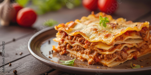 Gourmet Italian Meat Lasagna. Baked meat lasagna garnished with fresh herbs on a table background.