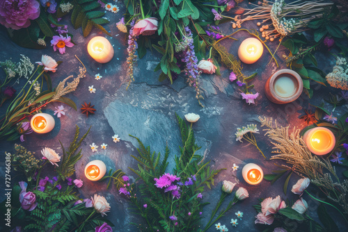 Wiccan altar for Imbolc sabbat. pagan festive ritual. Imbolc holiday, spring equinox. top view.