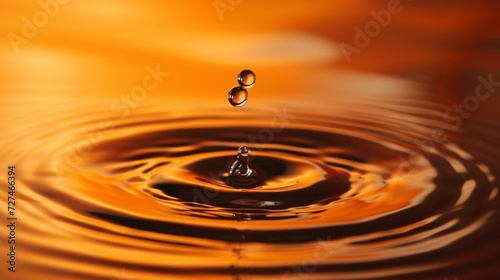 Single water droplet poised atop a liquid spike, orange hues backlighting a dynamic moment