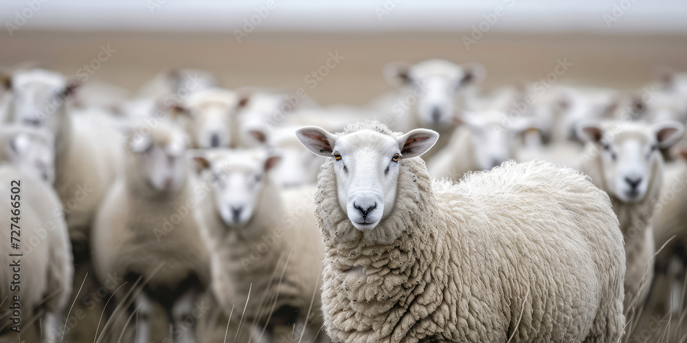 Fototapeta premium Sheep Herd in the Field. A group of sheep looking directly at the camera in a natural setting.