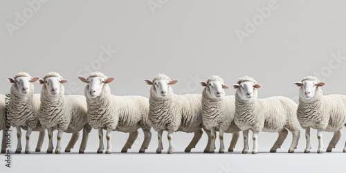 Sheep Herd on flat white background with copy space. A group of sheep looking directly at the camera in a natural setting.