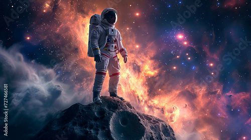 An astronaut in a space suit standing on the surface of an asteroid in space