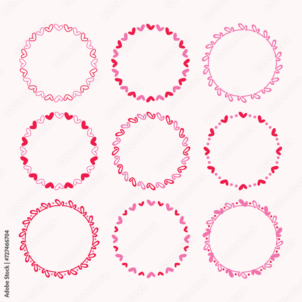 Cute assorted red and pink empty cartoon heart shape round emblem borders design elements icons set on white background Cute assorted red and pink empty cartoon heart shape round emblem borders design elements icons set on white background