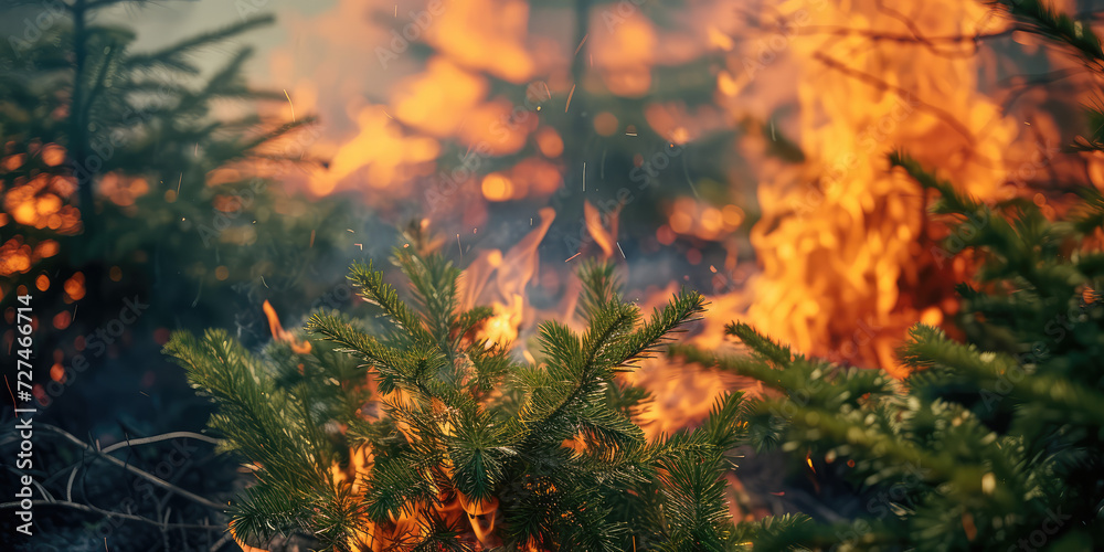 Wildfire Engulfing Forest. Devastating wildfire spreading through a dense forest at dusk. Wildfire Engulfing Forest. Devastating wildfire spreading through a dense forest at dusk.