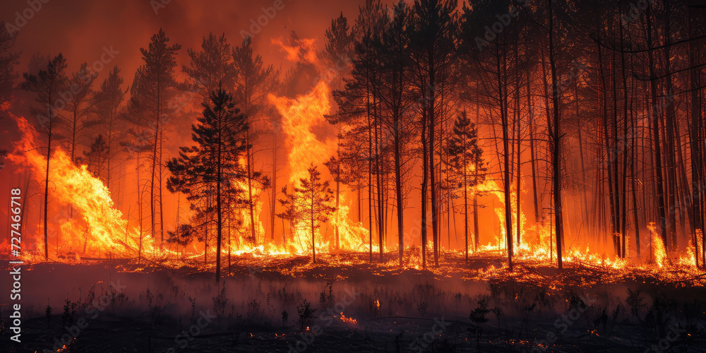 Wildfire Engulfing Forest. Devastating wildfire spreading through a dense forest at dusk. Wildfire Engulfing Forest. Devastating wildfire spreading through a dense forest at dusk.