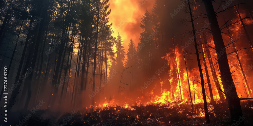 Wildfire Engulfing Forest. Devastating wildfire spreading through a dense forest at dusk.