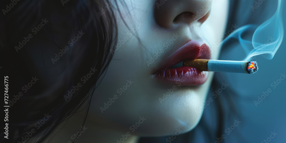 Obraz premium Woman Smoking Cigarette in Moody Lighting. Close-up of a woman smoking, highlighted by ambient light and smoke trails.