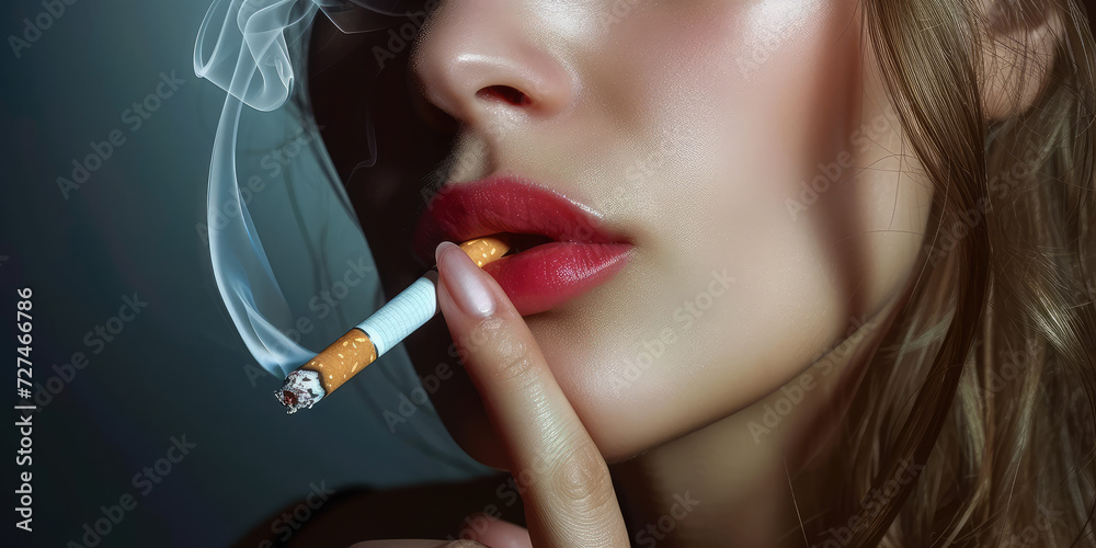 Obraz premium Woman Smoking Cigarette in Moody Lighting. Close-up of a woman smoking, highlighted by ambient light and smoke trails.