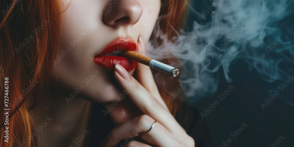 Obraz premium Woman Smoking Cigarette in Moody Lighting. Close-up of a woman smoking, highlighted by ambient light and smoke trails.
