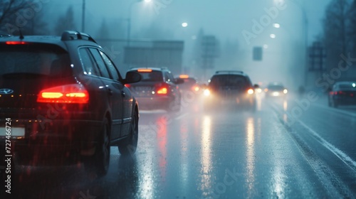 Rear view of cars with red brake lights on a rain-slicked road, heavy mist and streetlights create a glowing effect © HY