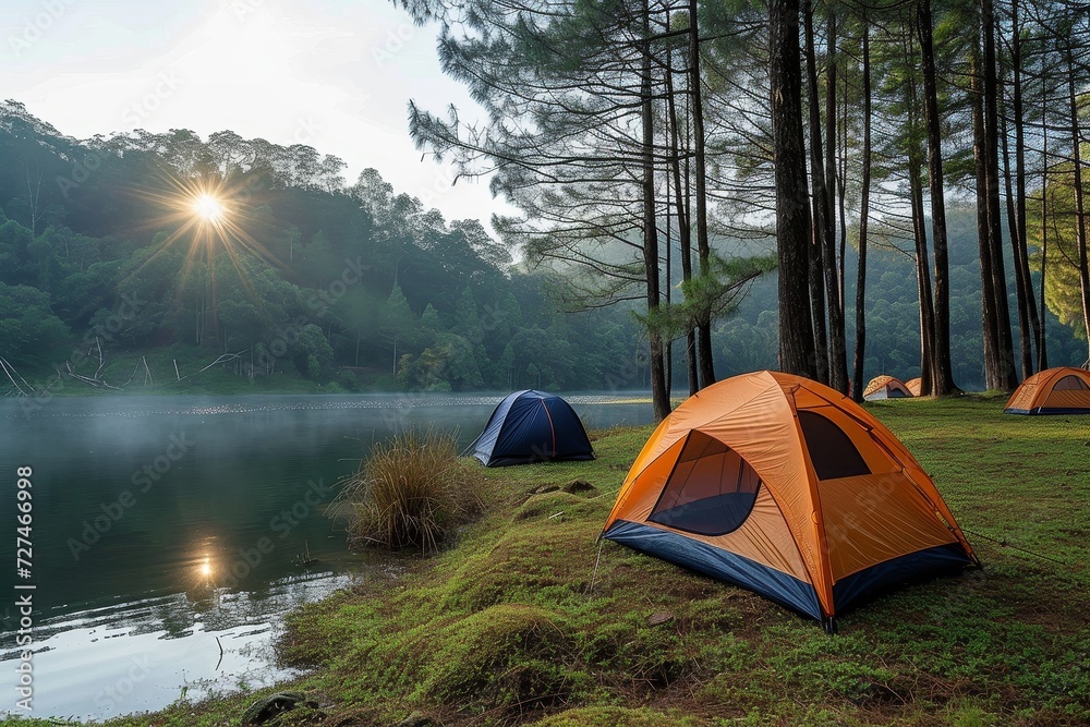 As the sun rises, the tents stand tall on the grassy ground next to the glistening lake, surrounded by towering trees and the tranquil sounds of nature, creating the perfect camping experience