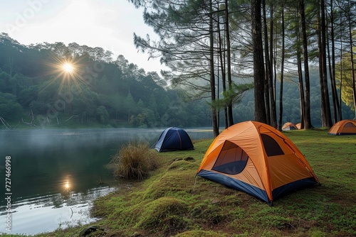 As the sun rises, the tents stand tall on the grassy ground next to the glistening lake, surrounded by towering trees and the tranquil sounds of nature, creating the perfect camping experience