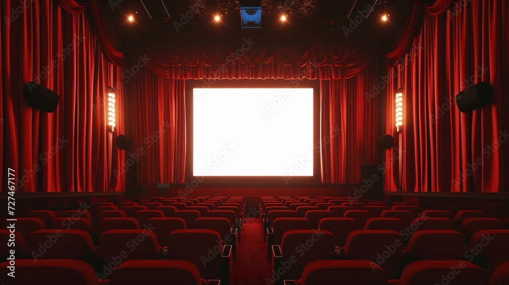 Atmospheric movie theater with glowing screen, red curtains, and seats, no people, cinematic vibe