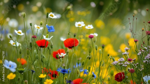 Lush field of varied flowers with a soft-focus background  showcasing bright pink  yellow  and blue hues in sunlight