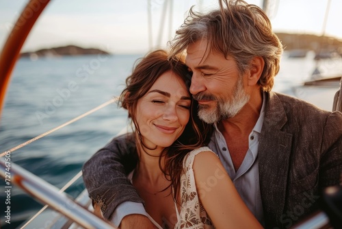 A couple's love shines bright as they share a passionate kiss on their boat, surrounded by the glistening water and the freedom of sailing © LifeMedia
