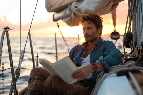A solitary figure immerses themselves in the pages of a book while surrounded by the vastness of the open water, the gentle rocking of the sailboat lulling them into a state of tranquil contemplation