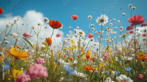 Idyllic landscape of a tree and flower meadow with distant mountains under a sunny sky