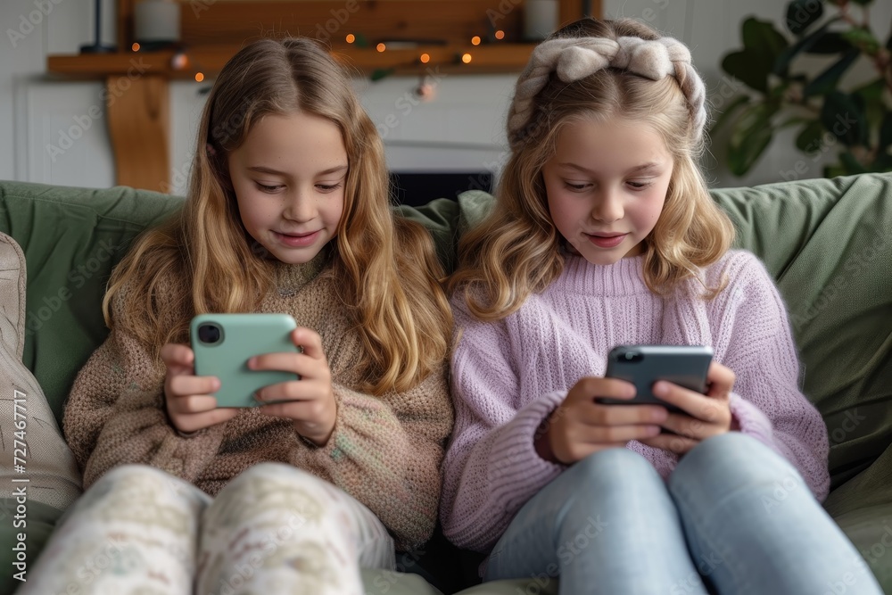 Two young women sitting comfortably on a couch, smiling as they hold their phones in their laps, their faces illuminated by the warm glow of the screen against the backdrop of a plain wall Two young women sitting comfortably on a couch, smiling as they hold their phones in their laps, their faces illuminated by the warm glow of the screen against the backdrop of a plain wall