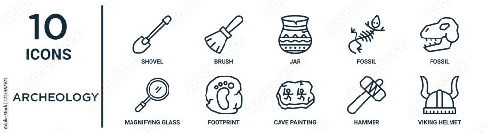 archeology outline icon set such as thin line shovel, jar, fossil ...