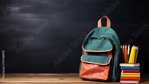 Back to school concept with school books, textbooks, backpack and stationery supplies on classroom desk with teacher's green chalkboard background with educational doodle for new academic year begin