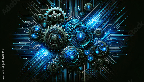 A blue banner of old technology and new using computer circuits and old machine cogs