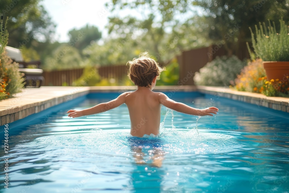 A carefree toddler splashes in the refreshing water of an outdoor swimming pool, surrounded by lush trees and the summer sun at a leisure centre