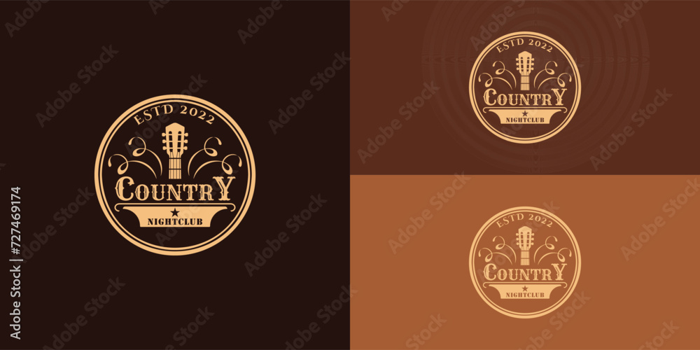 Country Guitar Music Western Vintage Retro Bar logo design in gold color presented with multiple brown background colors. The logo is suitable for the Country and Bar Restaurant logo design template