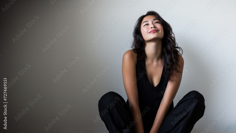Studio portrait of a woman wearing a black top and black pants. She is sitting down while looking upwards and smiling. Studio portrait of a woman wearing a black top and black pants. She is sitting down while looking upwards and smiling.
