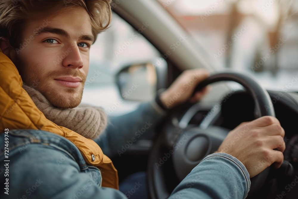 A determined man, with a determined look on his human face, confidently drives his car through the outdoors, his clothing ruffling in the wind as he navigates the land vehicle with ease, exuding a se A determined man, with a determined look on his human face, confidently drives his car through the outdoors, his clothing ruffling in the wind as he navigates the land vehicle with ease, exuding a se