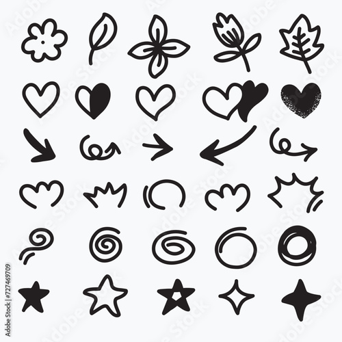 Doodle heart  arrow  star  sparkle decoration symbol set icon. Simple sketch line style emphasis  swirl  pattern elements. Vector illustration.