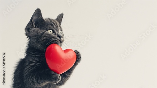 Cute blue kitten holds red heart . Copy space