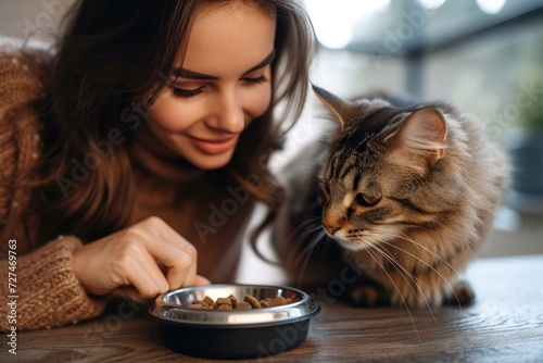 A compassionate lady sits at the table, gently feeding a hungry domestic cat as they share a moment of peaceful companionship indoors photo