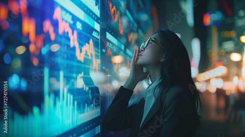 Stressed businesswoman in panic at digital stock market financial crisis. Bear Market Panicking Investor watching crashing stocks plunging slumping bearish recession 