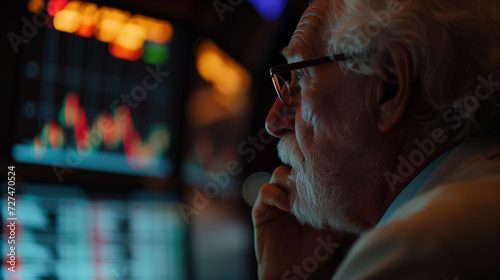 Stressed pensioner in panic at digital stock market financial crisis. Panicking retired man watching crashing stocks plunging slumping bearish recession  photo