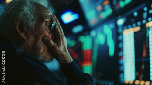 Stressed senior investor pensioner in panic at digital stock market financial crisis. Bear Market Panicking retired man watching crashing stocks plunging slumping bearish recession  photo
