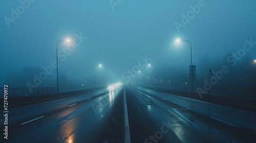 Night road with glowing street lamps in mist  wet surface reflecting lights  vehicles lights in distance under a hazy sky