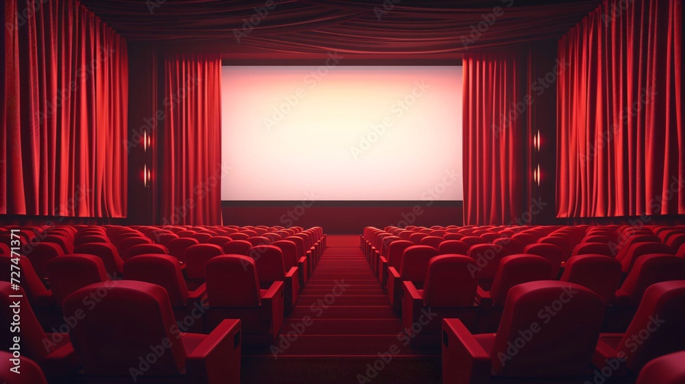 Fototapeta premium Spacious cinema theater with a wide screen, draped red curtains, and rows of seating, awaiting viewers