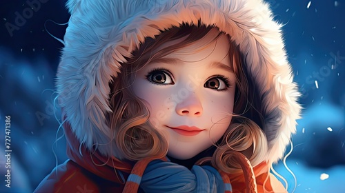 a cartoon of a little girl with big light eyes sitting