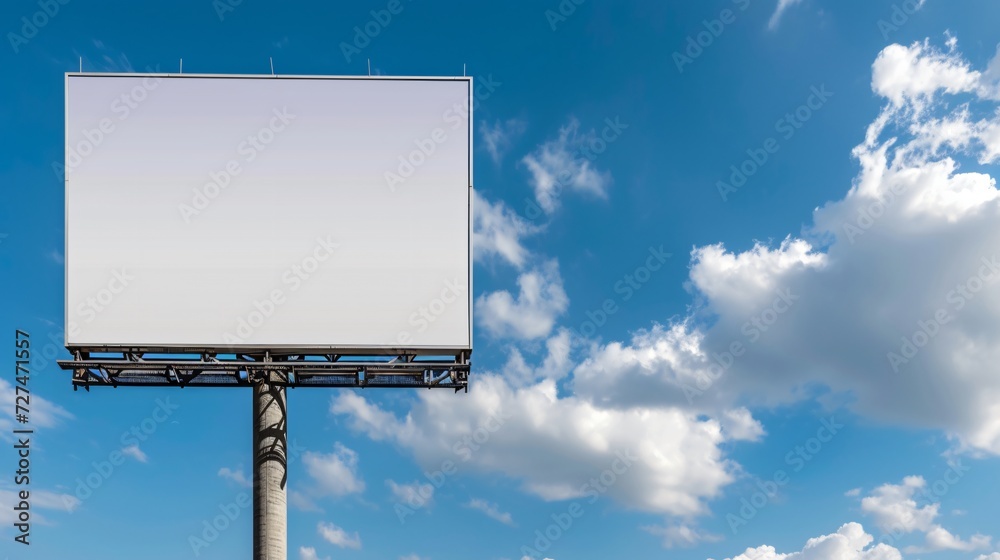 Large blank billboard atop a single post, clear blue sky with clouds in the background, ideal for advertising mockups Large blank billboard atop a single post, clear blue sky with clouds in the background, ideal for advertising mockups