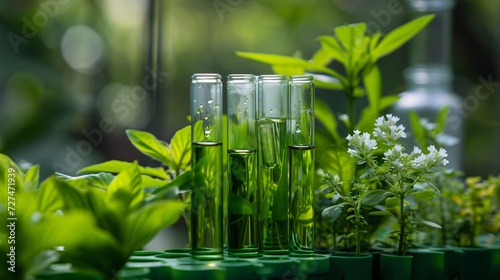 Test tubes with green plant samples in focus, surrounded by blurred botanical lab environment