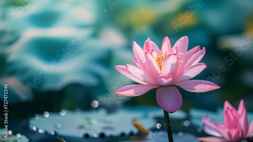 Pink water lily stands out with soft focus on a bokeh background of greenery and light