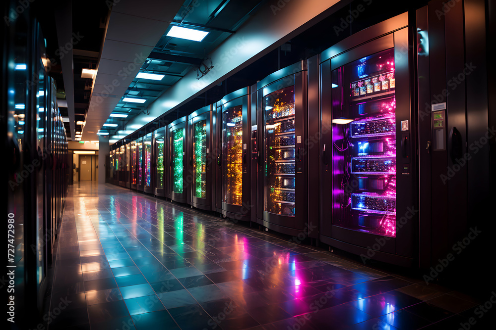 Interior of a modern server room with neon lights at night.